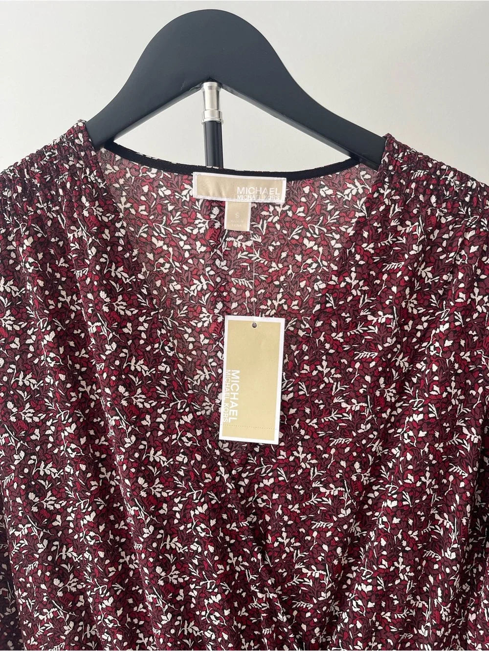 Michael Kors Burgundy Floral Long Sleeve Smock-Waist Dress